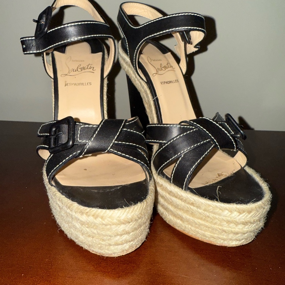 Christian Louboutin Black and Cream Espadrille Sandals